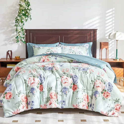 Miniatura 13 de Juego de sábanas de edredón de flores, color gris, cama en una bolsa, juego de ropa de cama reversible de 7 piezas tamaño King de microfibra floral