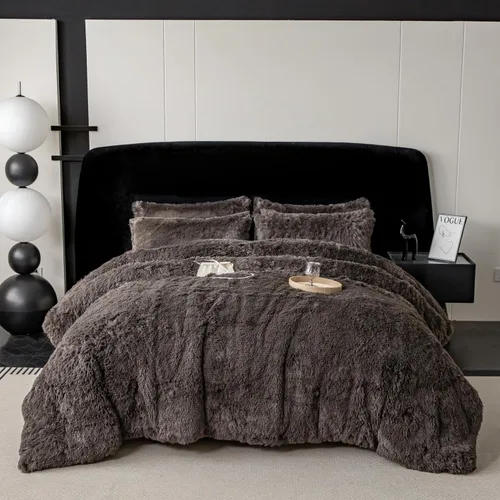 Miniatura 23 de chovy Juego de edredón de pelo sintético teñido anudado negro, gris y blanco, tamaño King, juego de cama de 3 piezas, ultra suave, franela de felpa
