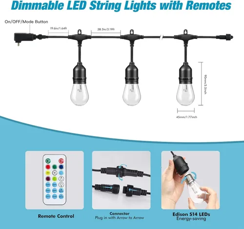 Miniatura 6 de Auroraworld Guirnalda de luces RGB para exteriores, 96 pies, regulables, cambio de color, impermeable, luces LED para patio con control remoto, 30