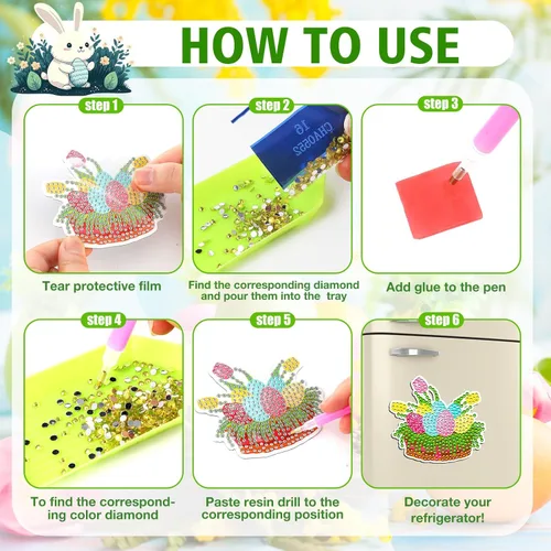 Miniatura 4 de Umigy 16 piezas de imanes de arte de diamante de Pascua para refrigerador, imanes de pintura de diamante de primavera, huevos DIY, gnomo, camión