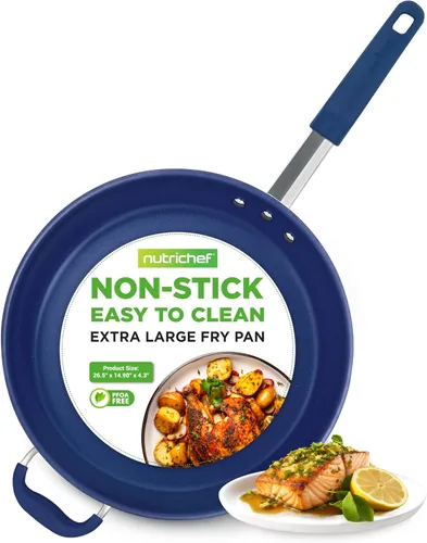 NutriChef Sartén antiadherente extra grande de 14 pulgadas con mango de silicona, revestimiento de cerámica, mango de silicona azul, resistente a