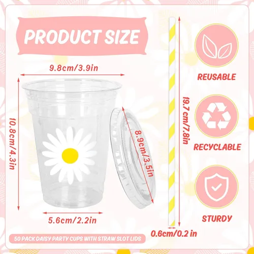 Miniatura 2 de Whaline 50 piezas de tazas de plástico desechables lindas con tapa y pajita de margarita de 12 oz, tazas de bebidas frías para suministros