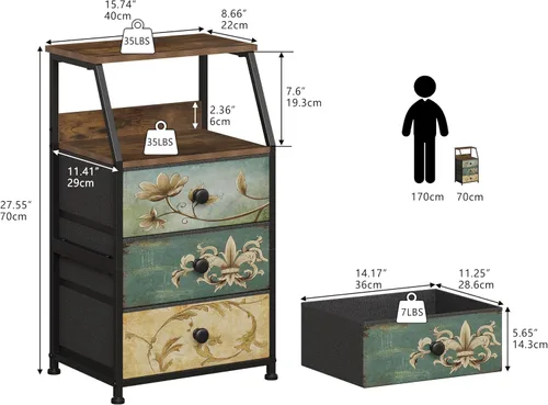 Miniatura 2 de Tohomeor Mesita de Noche con Cajones de Tela, Torre de Almacenamiento con 2 Estantes para Dormitorio, Pasillo, Entrada, Armario, Organizador