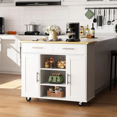 Miniatura 13 de Shintenchi Carrito de isla de cocina con almacenamiento, armario de bar portátil sobre ruedas, mesa auxiliar de carrito de microondas con estación