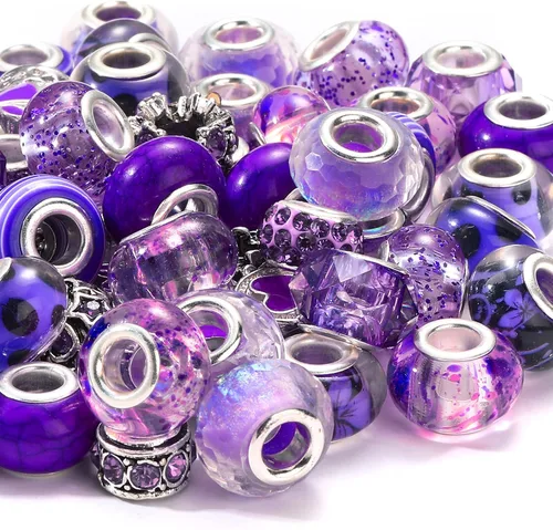 Miniatura 9 de 80 piezas surtidas de cuentas europeas de agujero grande, cuentas de vidrio espaciadoras, cuentas de diamantes de imitación, dijes de metal macramé