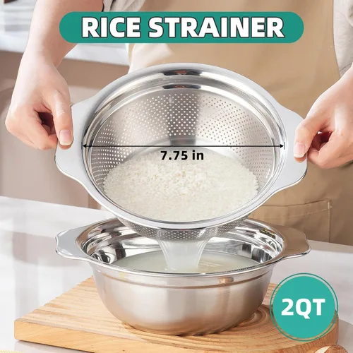 Miniatura 2 de Colador de acero inoxidable para cocina de 2 cuartos de galón, colador microporoso con tazón para mezclar, colador de arroz para lavar verduras