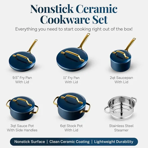 Miniatura 2 de Gotham Steel Moderno juego de utensilios de cocina de cerámica de 11 piezas, elegante juego de ollas y sartenes antiadherentes con vaporizador, Azul