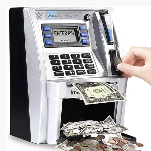 EOBTAIN Alcancía de cajero automático para niños, caja de ahorros para niños y adultos, mini cajero automático negro, juguete para dinero real,