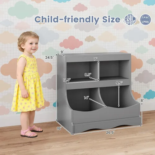 Miniatura 6 de Costzon Organizador de almacenamiento de juguetes, estantería para niños de 4 compartimentos con estribo y tarjeta de nombre, estantería de madera