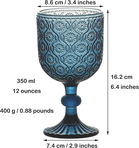Miniatura 5 de Taganov Juego de 6 copas de vino de vidrio azul vintage, cristalería para beber con tallo, 12 onzas, 350 ml, para bodas, fiestas, barra
