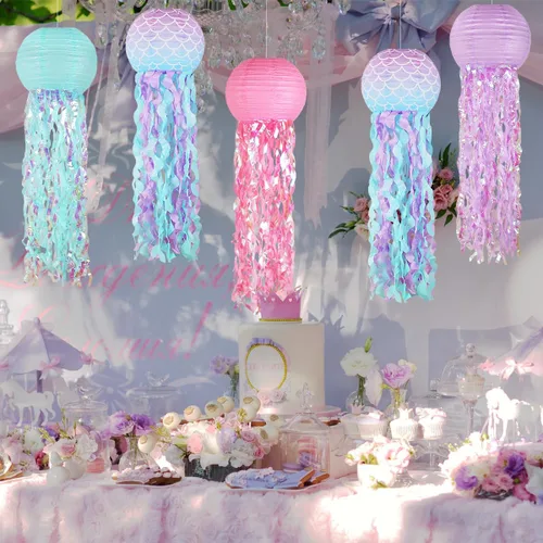 Miniatura 6 de Decoraciones de cumpleaños de sirena, linternas de papel de medusas rosadas lavanda azul, escamas de sirena colgantes en forma de linterna