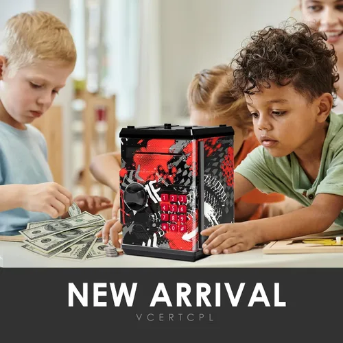 Miniatura 7 de Alcancía de cajero automático para niños y niñas, Vcertcpl - Mini alcancía de monedas con contraseña, caja de ahorro con agarre automático