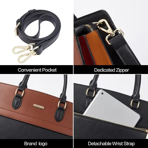Miniatura 6 de Telena Bolsa de mano para laptop para mujer, bolsa de hombro de 15.6 pulgadas, maletín de cuero para mujer, bolsas de mano de gran capacidad 15.6