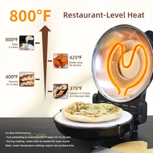 Miniatura 2 de Horno eléctrico para pizza de 12 pulgadas, máquina de pizza de encimera con piedra de cerámica, calienta hasta 800 °F, horno de pizza portátil