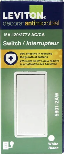 Leviton Interruptor de pared antimicrobiano Decora de 15 amperios de un solo polo, 5601-2AW, color blanco