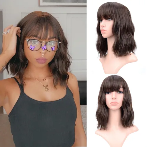 VCKOVCKO Pelucas cortas de ondas naturales peluca marrón natural con flequillo de aire, para mujer, longitud al hombro, rizadas, onduladas, A-
