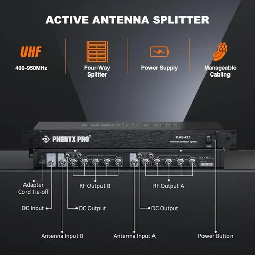 Miniatura 2 de Phenyx Pro PAS-225X - Paquete de sistema de distribución de antena inalámbrica UHF, receptores direccionales activos con 8 salidas + 2 puertos