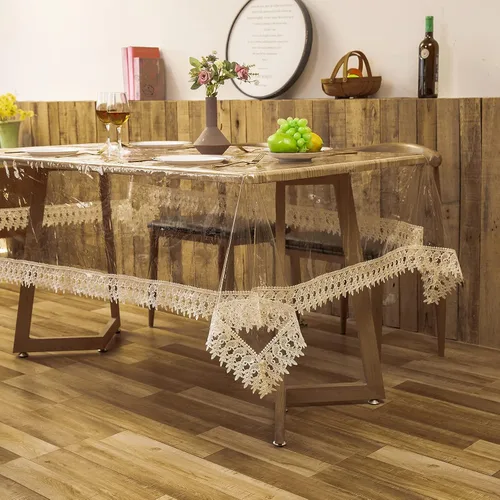 Miniatura 4 de Protector de plástico transparente para mesa, vinilo de PVC transparente con encaje para mantel de comedor, impermeable, a prueba de aceite