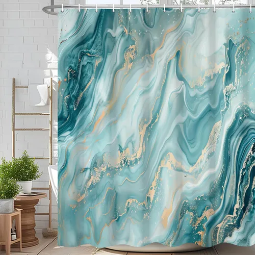 Miniatura 33 de Cortina de ducha abstracta de mármol negro gris y dorado con grietas, cortina de baño moderna ombre impresa, cortina impermeable y lavable de tela
