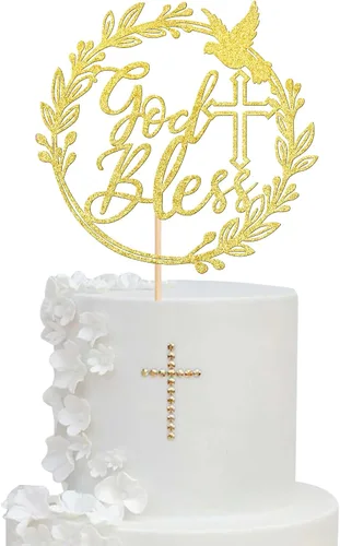 Miniatura 12 de 1 pieza de decoración de pastel Dios bendiga con cruz de paloma y purpurina, para bautizo, primera comunión, celebración religiosa, baby shower