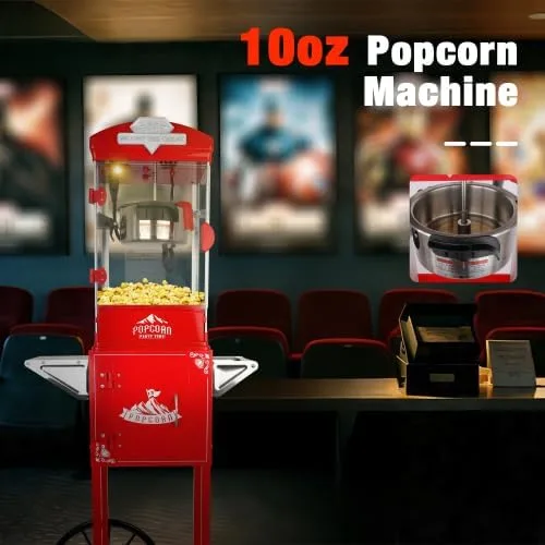 Miniatura 2 de Máquina de palomitas de maíz con ruedas de carrito, máquina de maíz con hervidor de acero inoxidable, con soporte, máquinas de palomitas de maíz