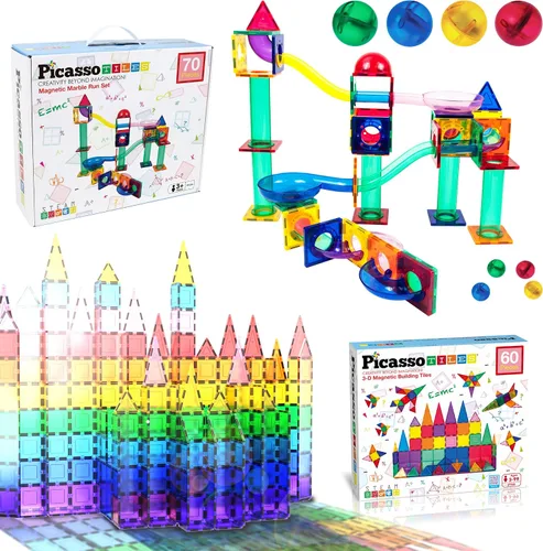 PicassoTiles Paquete de 70 piezas de pista de carreras de canicas + 60 azulejos magnéticos, divertido y creativo, juguete sensorial educativo y