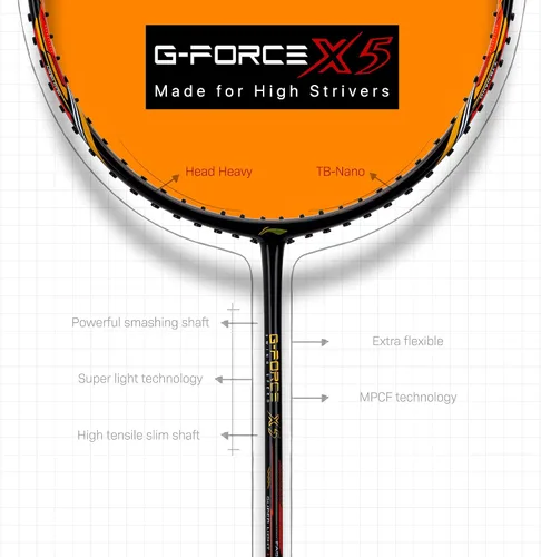 Miniatura 5 de Li-Ning G-Force X5 - Raqueta de bádminton de fibra de carbono con cubierta completa gratuita (2.89 oz, 28 libras)