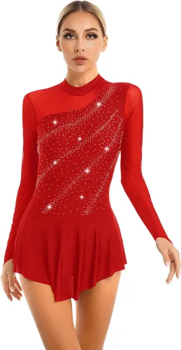 Vestido de patinaje sobre hielo artístico para mujer, manga larga, diamantes de imitación brillantes, patinaje sobre ruedas, disfraz de danza lírica