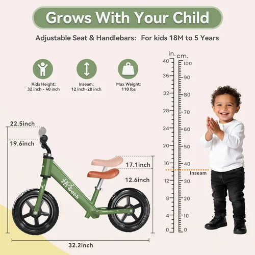 Miniatura 2 de Bicicleta de equilibrio para niños pequeños HAWEEK de 12 pulgadas, bicicleta de entrenamiento sin pedales para niños de 24 meses a 5 años, ajustes