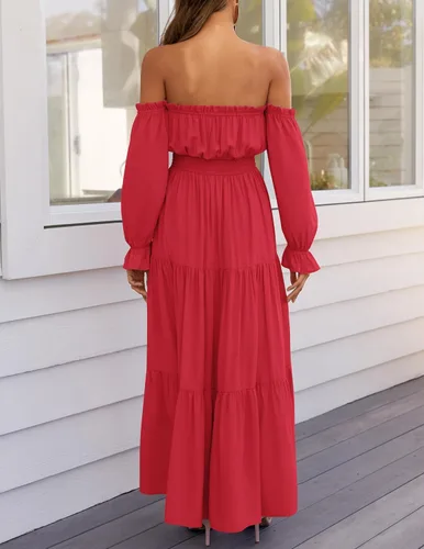 Miniatura 29 de ZESICA - Vestido largo, bohemio y sexy, con hombros descubiertos y manga larga fruncida, con elástico fruncido, cintura alta y abertura lateral