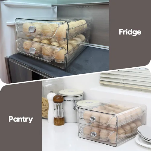 Miniatura 5 de Sea Team Soporte para huevos de plástico transparente para refrigerador, contenedor apilable para huevos con 2 bandejas extraíbles, dispensador
