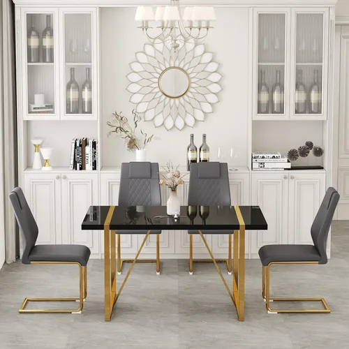 Miniatura 10 de Moderno juego de mesa de comedor para 4, juego de mesa de comedor dorado de 55 pulgadas con 4 sillas de piel sintética negra, mesa de madera negra