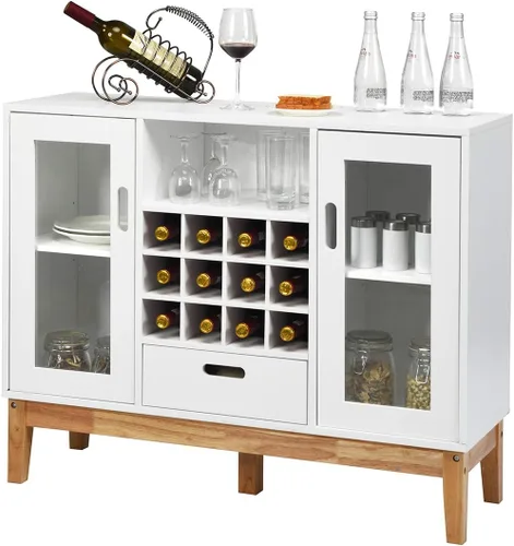 Giantex Aparador de buffet, servidor de cocina de madera, armario de almacenamiento, estante para vino, 2 gabinetes, cajón y estante abierto,