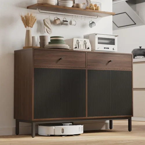 Miniatura 20 de Mericonia Aparador Buffet de Granja con Almacenamiento, Barra de Café Acanalada con Puertas y Estantes Ajustables, Gabinete de Consola de Madera A