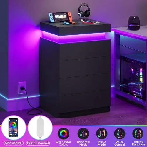 Miniatura 4 de ADORNEVE - Mesita de noche negra con cajones y luces LED, mesita alta con parte superior deslizable, mesa de cabecera con estación de carga, mesa
