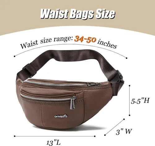 Miniatura 5 de Riñonera de cuero negro para hombres y mujeres, bolsa de cintura de cuero genuino con correa ajustable para caminar, senderismo, ciclismo, marrón
