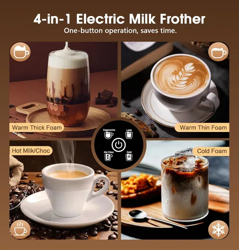 Miniatura 2 de Espumador de leche y vaporizador, espumador eléctrico 4 en 1 para espuma fría y caliente, operación de un solo toque para café con leche