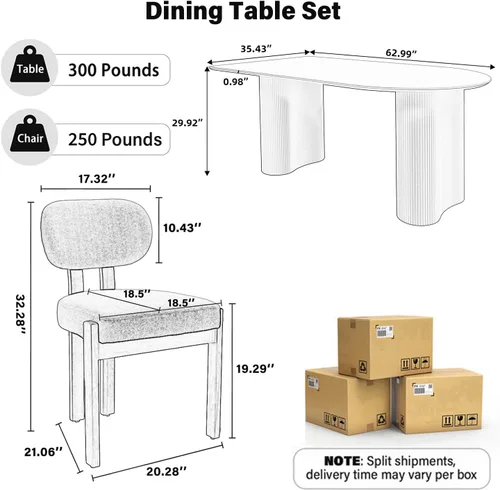 Miniatura 3 de Juego de mesa de comedor moderna para 6, 7 piezas, color crema, mesa de comedor ovalada blanca de 63 pulgadas con 6 sillas beige para apartamento, 1