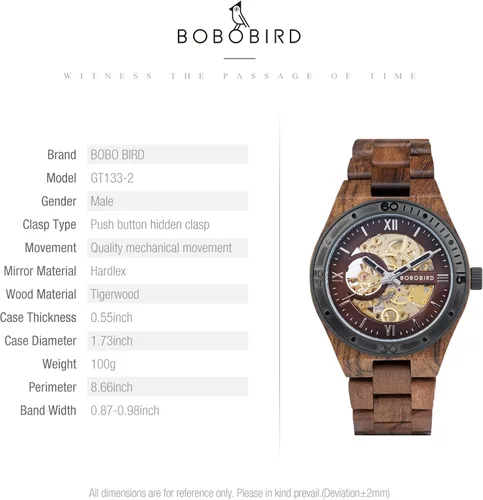 Miniatura 8 de BOBO BIRD Relojes de madera para hombre, reloj mecánico de esqueleto, relojes de pulsera ligeros de lujo con correa de madera natural de colección