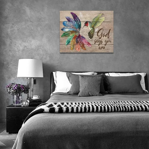 Miniatura 8 de Arte de pared de colibrí cristiano con texto en inglés "God says you ers", impresiones en lienzo, pintura rústica de pájaros de campo, obras de arte