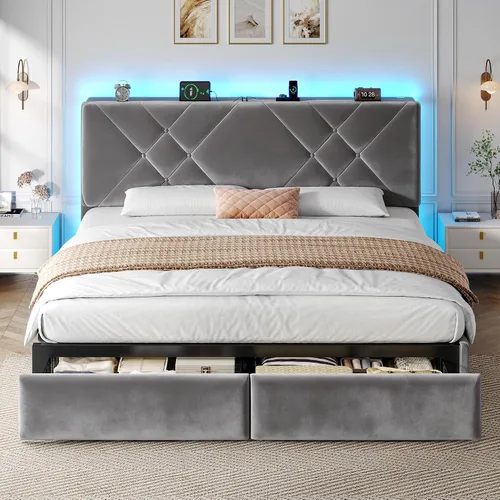 Miniatura 9 de EnHomee Marco de Cama Queen con 2 Cajones, Cabecera Tapizada con Estación de Carga, Marco de Cama de Terciopelo Acolchado y Luces LED, No Necesita