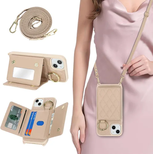 Miniatura 24 de Funda para iPhone 14 Plus con tarjetero y correa para mujer, cordón cruzado, espejo de maquillaje, soporte de anillo, cierre a presión, bonitas Rosa