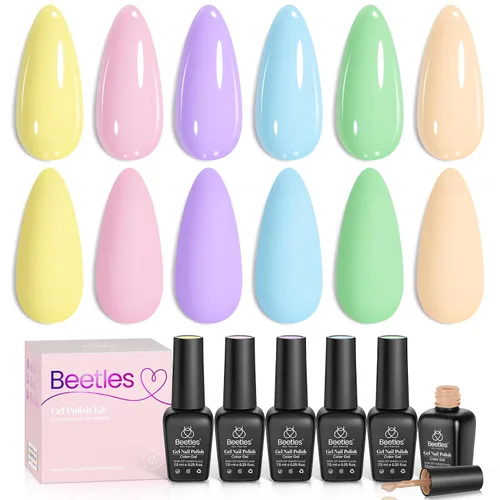 Beetles - Esmalte de uñas de gel pastel, 6 colores, esmalte de gel macarrón, rosa claro, azul, verde, amarillo, morado, uñas suaves para todas las