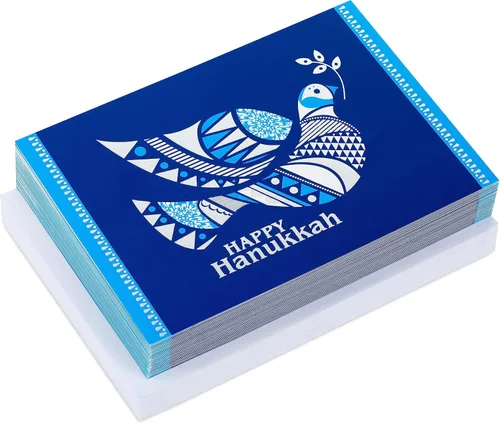 Miniatura 3 de Hallmark Tarjetas de Hanukkah del árbol de la vida en caja (40 tarjetas y sobres) Paloma azul y plateada Tarjetas de Hanukkah Paloma Azul y Plata