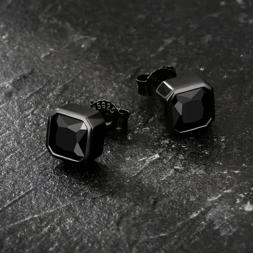 Miniatura 5 de KRKC&CO - Aretes de tuerca para hombre, aretes cuadrados, plata de ley 925, oro de 14 quilates con circonita cúbica brillante y ónix negro
