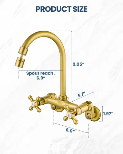 Miniatura 6 de Airuida Grifo de cocina de montaje en pared con rociador, grifo de fregadero de cocina montado en la pared, manijas dobles cruzadas, boquilla