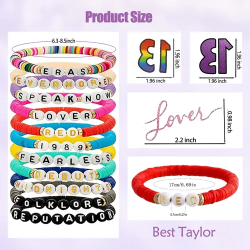 Miniatura 6 de SEICHYGO 11 pulseras inspiradas en Taylor para Swiftie Outfit Jewelry 1989 Fearless Folklore Speak Now Red Evermore con 5 piezas 13 TS y 3 tatuajes