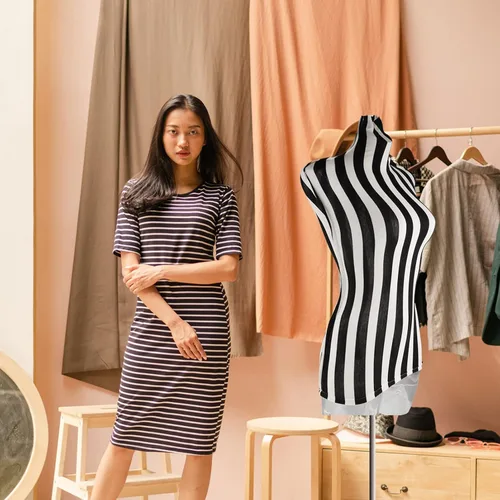 Miniatura 7 de ULTECHNOVO - Maniquí femenino con forma de vestido de medio cuerpo, tela de encaje de algodón a rayas, cubierta de maniquí ajustable para exhibición