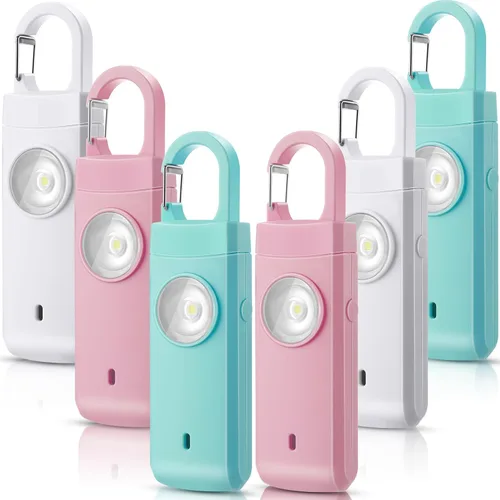 Miniatura 10 de Tellegloww 6 unidades de alarma personal recargables de seguridad para mujeres, 130 db, protección de alarma personal, sirena fuerte con llavero LED