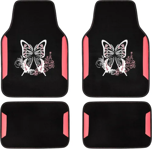 CAR Pass Tapetes bordados de mariposa para automóvil, tapete de cuero rosa con almohadilla para el talón para mujeres lindas, ajuste universal para